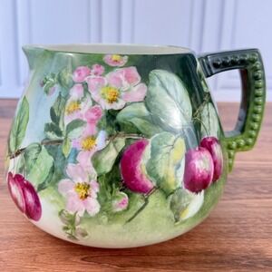 RARE Antique American Belleek Hand Painted Pomegranate Green Floral 5.5" Pitcher